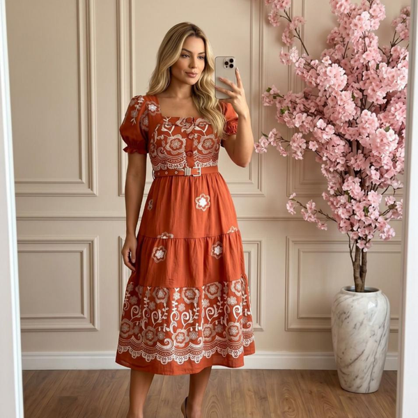 Vestido Midi Bordado Terracota Ametista Suave com Cinto – AL002