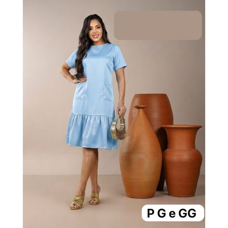 Vestido Feminino Midi Soltinho com Babado e Bolsos Casual Elegante