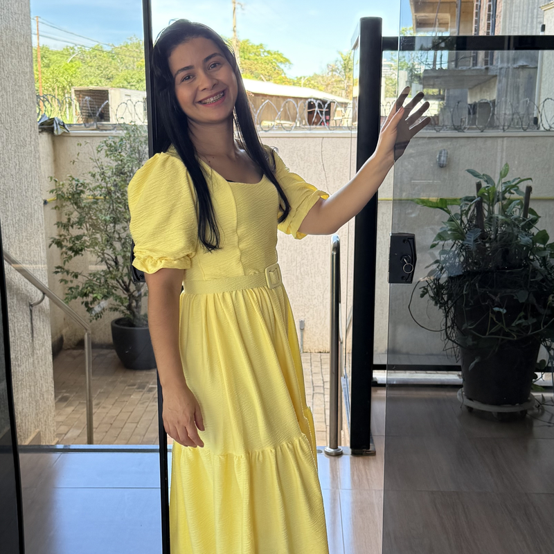 Vestido Midi Texturizado com Manga Bufante e Cinto Citrino – AL017