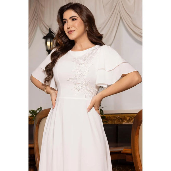 Vestido Midi Crepe com Babados na Manga e Aplicação em Guipir Elegante – AL009