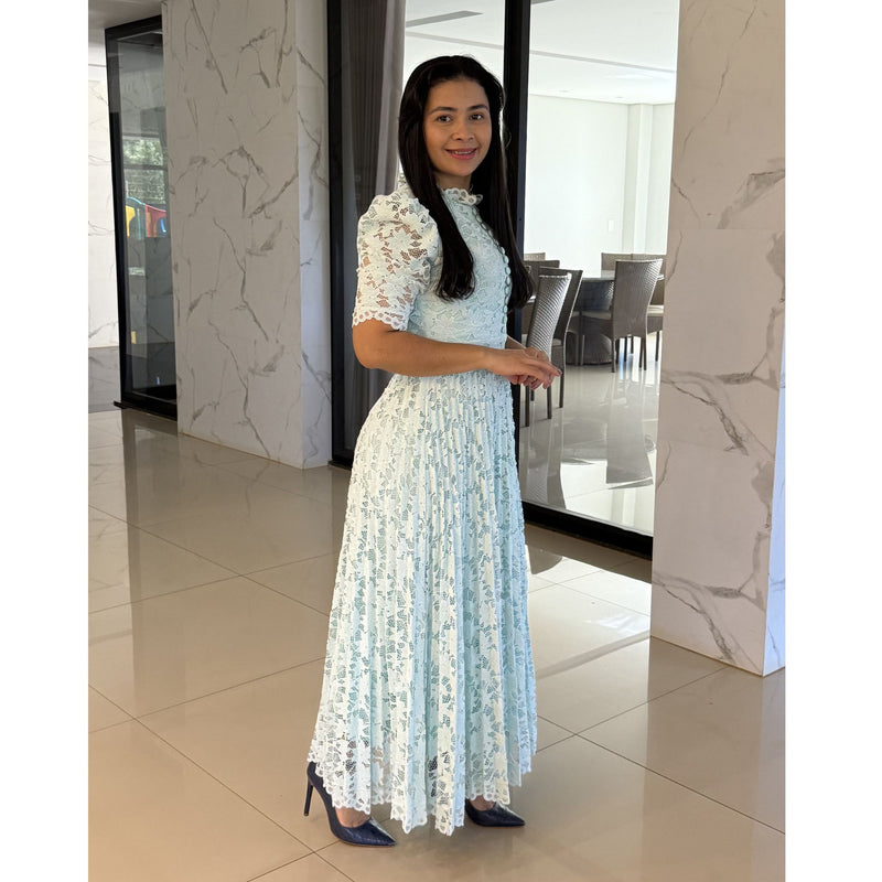 Vestido Feminino Longo em Renda Plissado Manga Bufante Elegante Festa