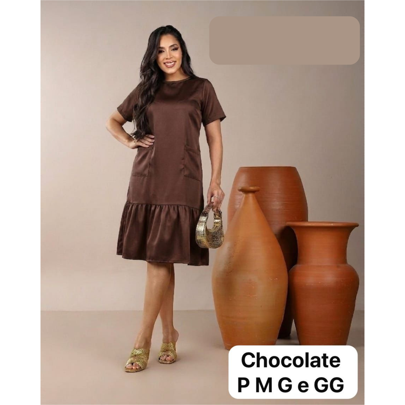 Vestido Feminino Midi Soltinho com Babado e Bolsos Casual Elegante