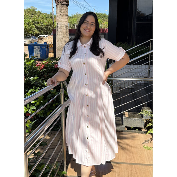 Vestido Midi Listrado Rosa Claro com Botões Frontais Feminino Elegante Casual - AL006