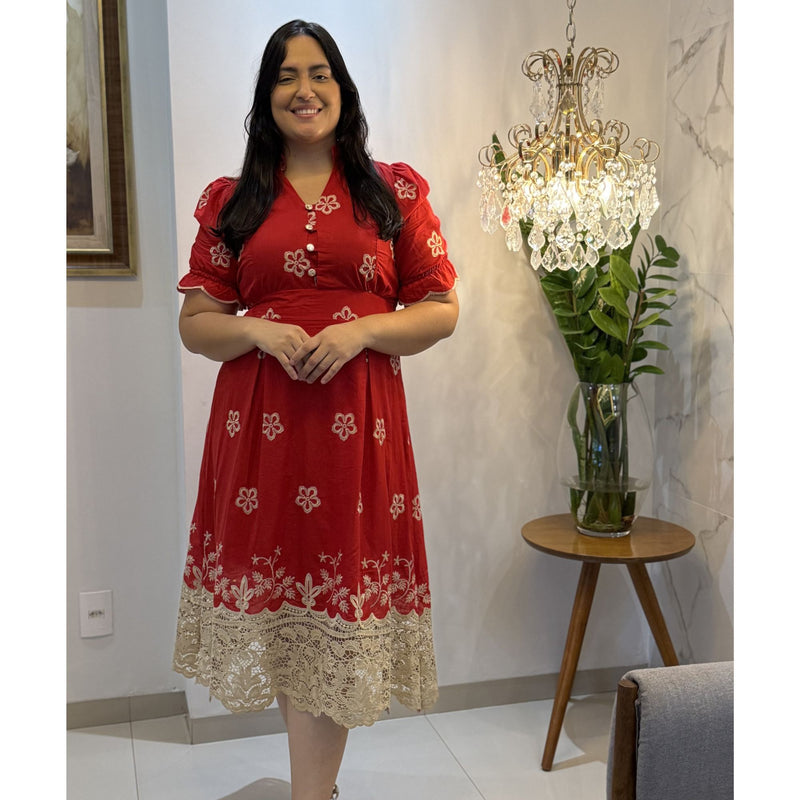 Vestido Midi Vermelho Bordado com Botões Frontais e Manga Curta Feminino Elegante AL008
