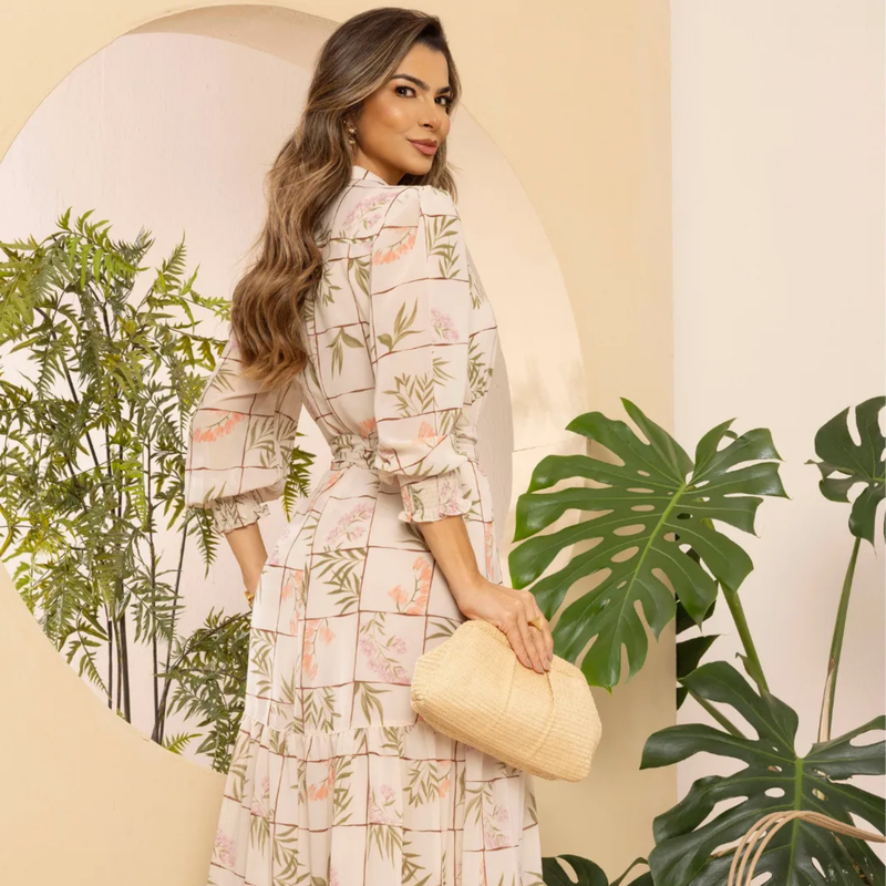 Vestido Chemise Musseline Crepe Estampado com Faixa na Cintura Midi