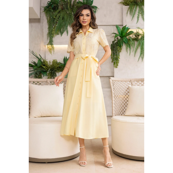 Vestido Chemise Alfaiataria com Bordado Cordonê e Bolsos Midi Elegante – AL014