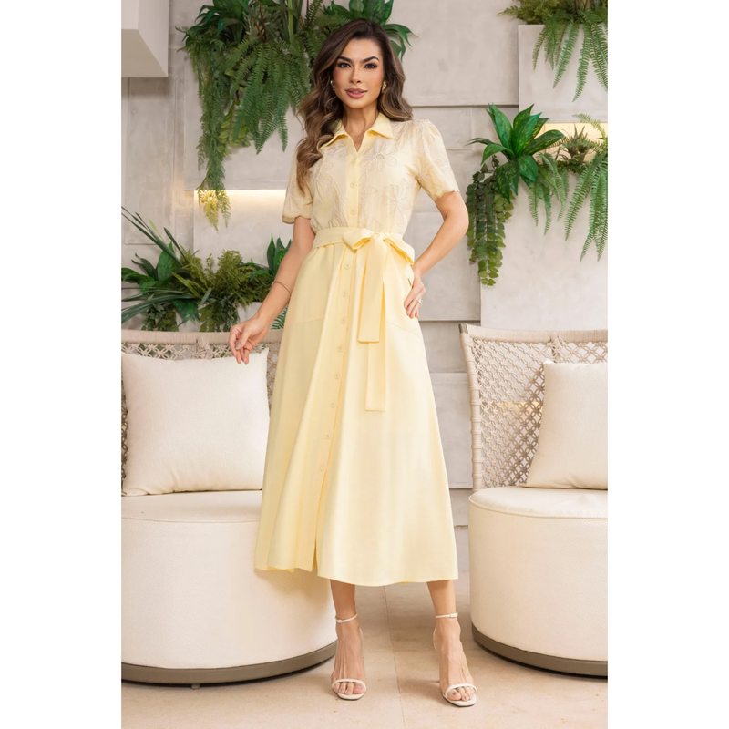 Vestido Chemise Alfaiataria com Bordado Cordonê e Bolsos Midi Elegante – AL014