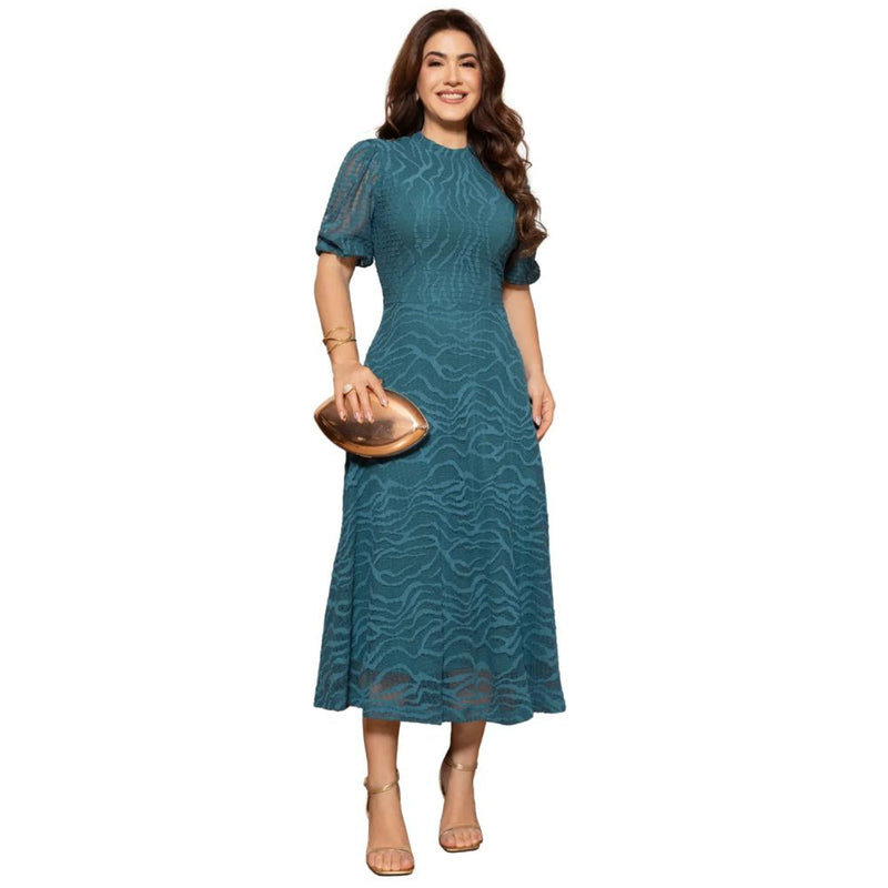 Vestido Midi Renda Plissada com Manga 3/4 Elegante e Forro