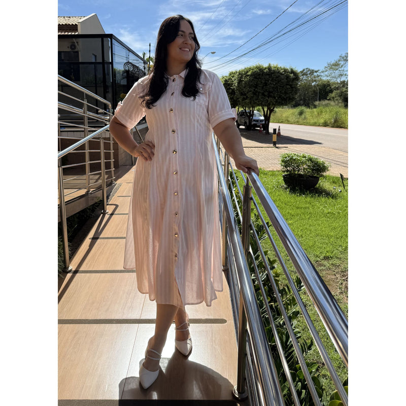 Vestido Midi Listrado Rosa Claro com Botões Frontais Feminino Elegante Casual - AL006