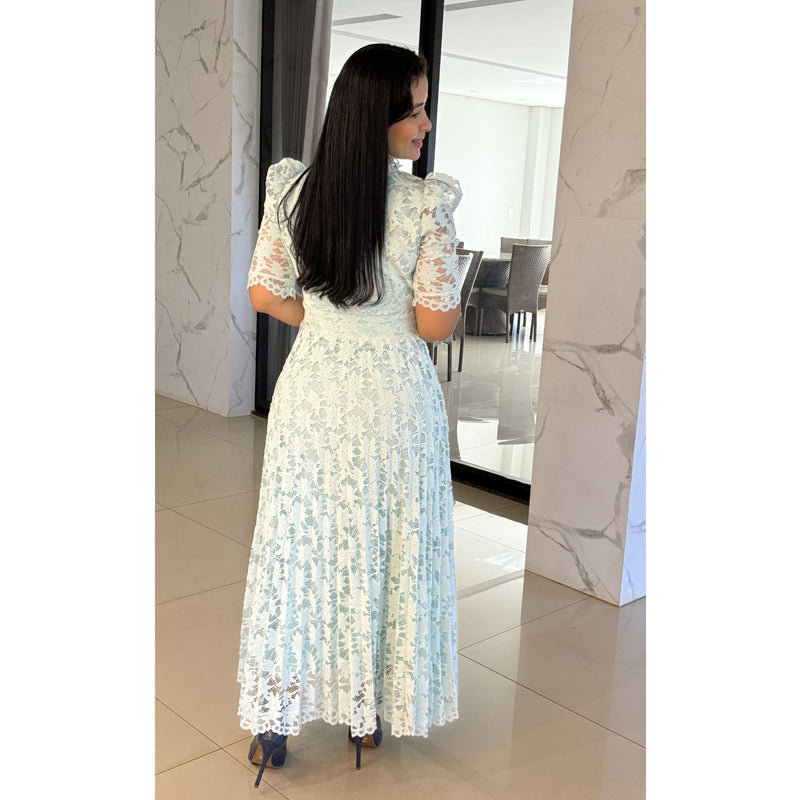 Vestido Feminino Longo em Renda Plissado Manga Bufante Elegante Festa