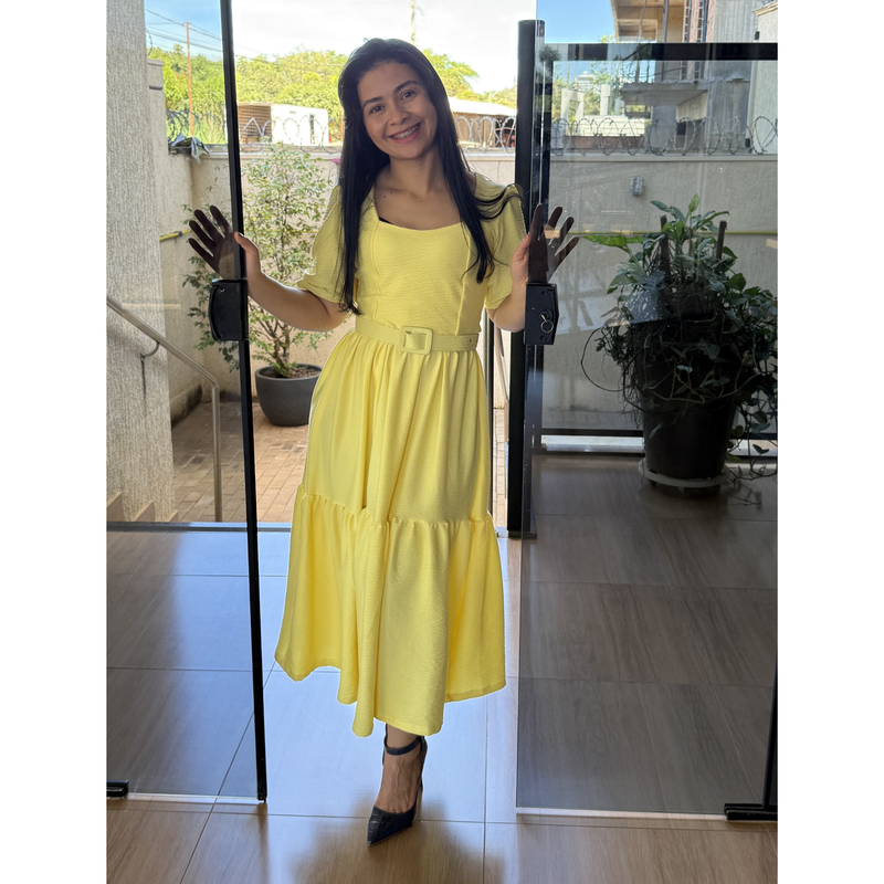 Vestido Midi Texturizado com Manga Bufante e Cinto Citrino – AL017