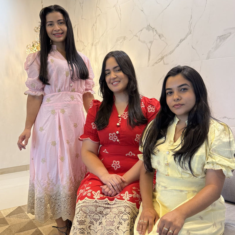 Vestido Midi Vermelho Bordado com Botões Frontais e Manga Curta Feminino Elegante AL008