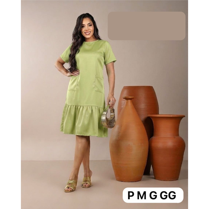 Vestido Feminino Midi Soltinho com Babado e Bolsos Casual Elegante