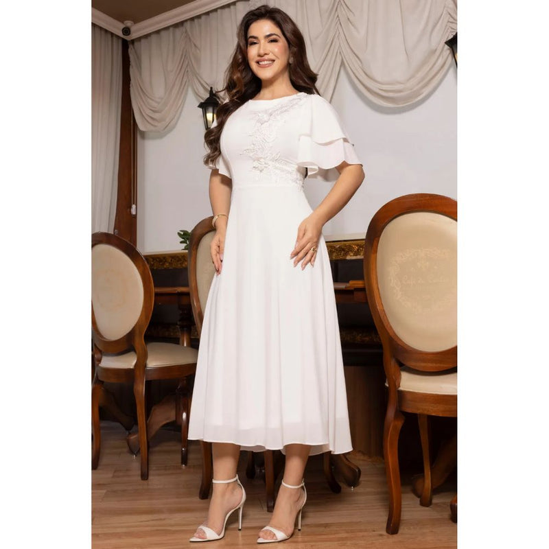 Vestido Midi Crepe com Babados na Manga e Aplicação em Guipir Elegante – AL009