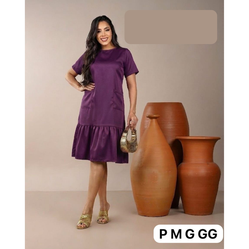 Vestido Feminino Midi Soltinho com Babado e Bolsos Casual Elegante