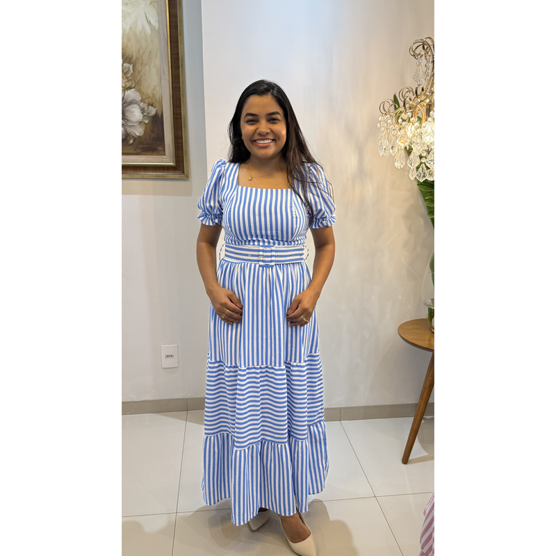 Vestido Midi Listrado Azul com Manga Bufante e Cinto Ajustável Safira – AL018