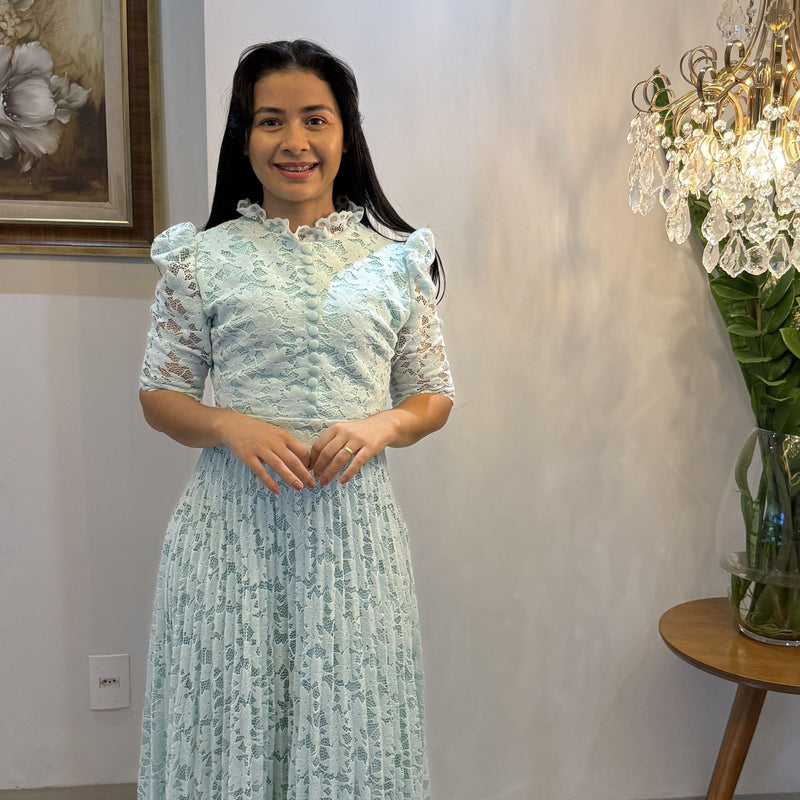 Vestido Feminino Longo em Renda Plissado Manga Bufante Elegante Festa