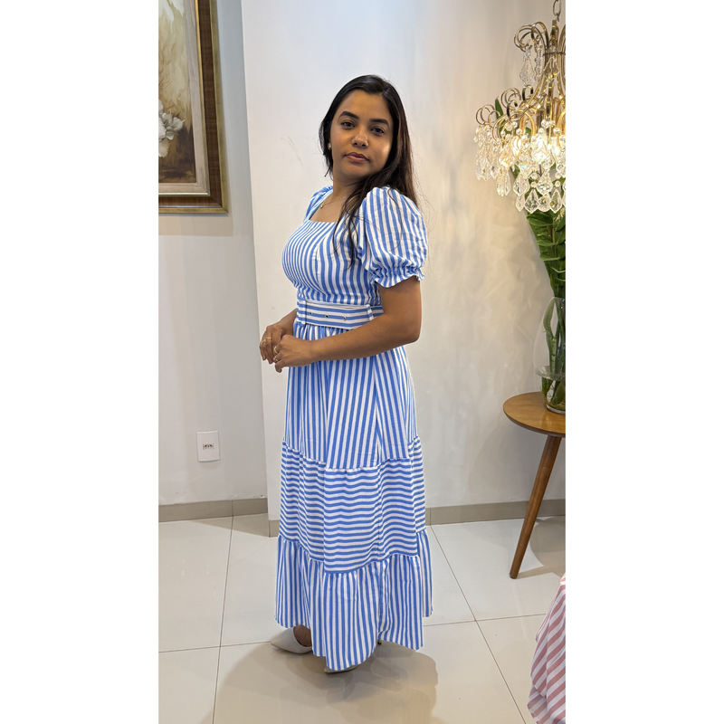 Vestido Midi Listrado Azul com Manga Bufante e Cinto Ajustável Safira – AL018