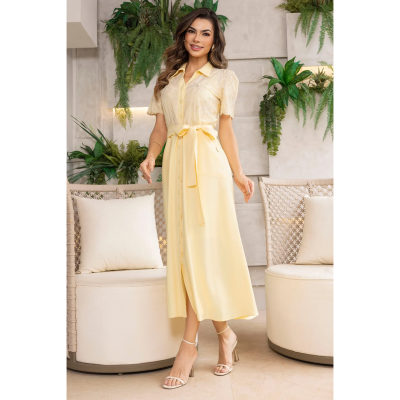 Vestido Chemise Alfaiataria com Bordado Cordonê e Bolsos Midi Elegante – AL014