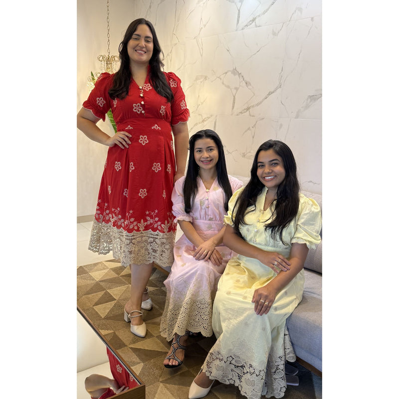Vestido Midi Vermelho Bordado com Botões Frontais e Manga Curta Feminino Elegante AL008