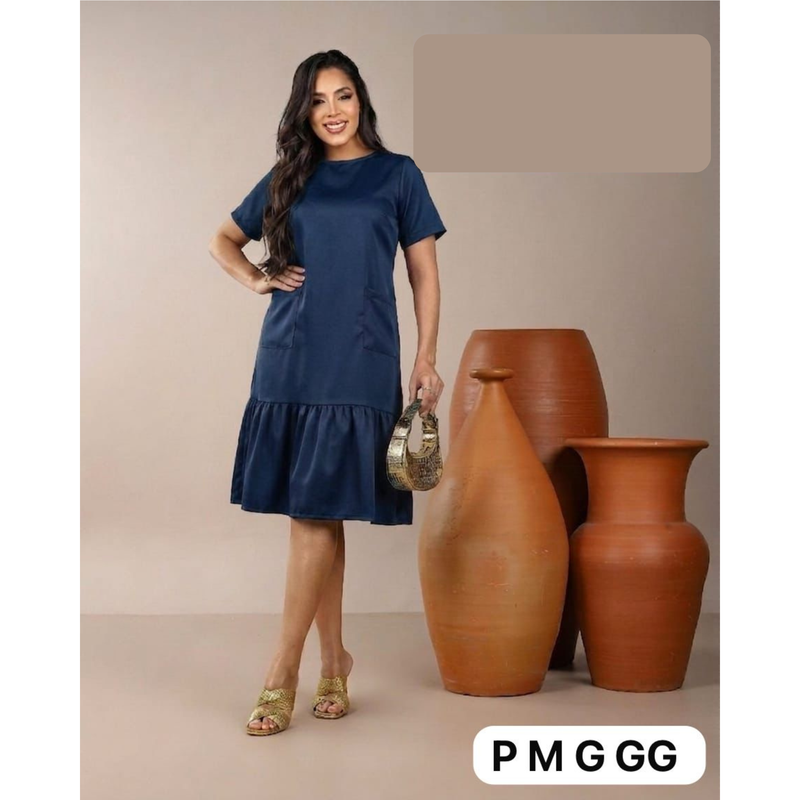 Vestido Feminino Midi Soltinho com Babado e Bolsos Casual Elegante
