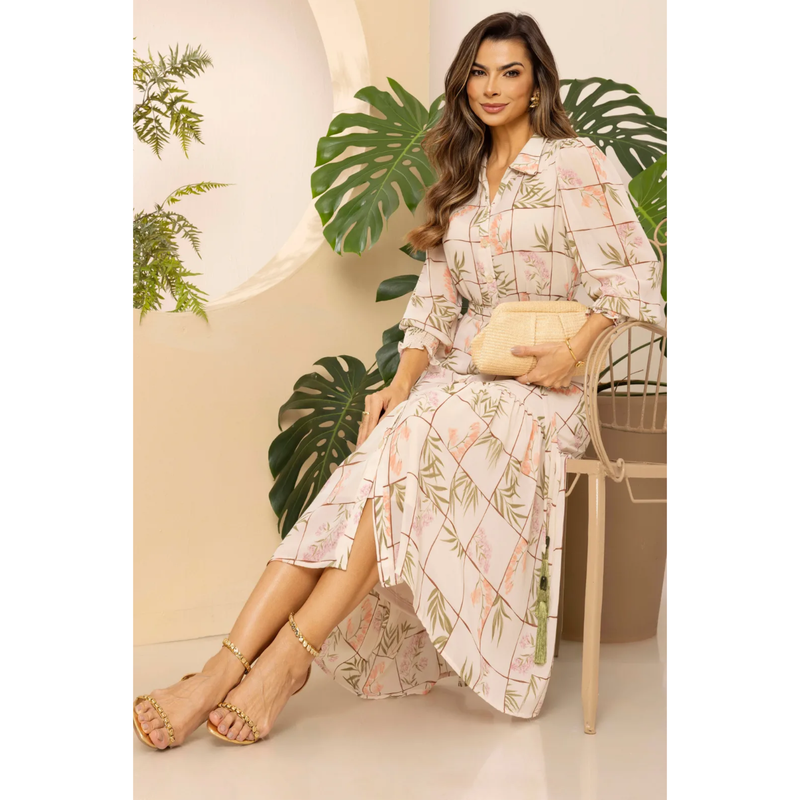 Vestido Chemise Musseline Crepe Estampado com Faixa na Cintura Midi