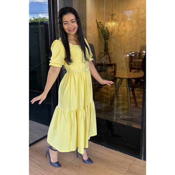 Vestido Midi Texturizado com Manga Bufante e Cinto Citrino – AL017