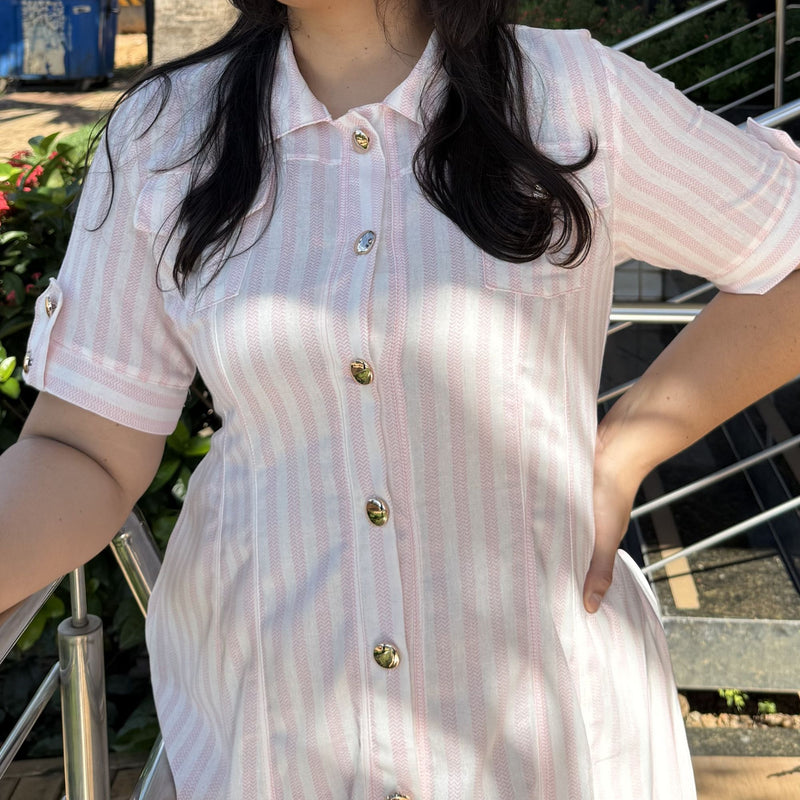 Vestido Midi Listrado Rosa Claro com Botões Frontais Feminino Elegante Casual - AL006