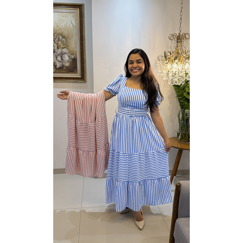 Vestido Midi Listrado Azul com Manga Bufante e Cinto Ajustável Safira – AL018