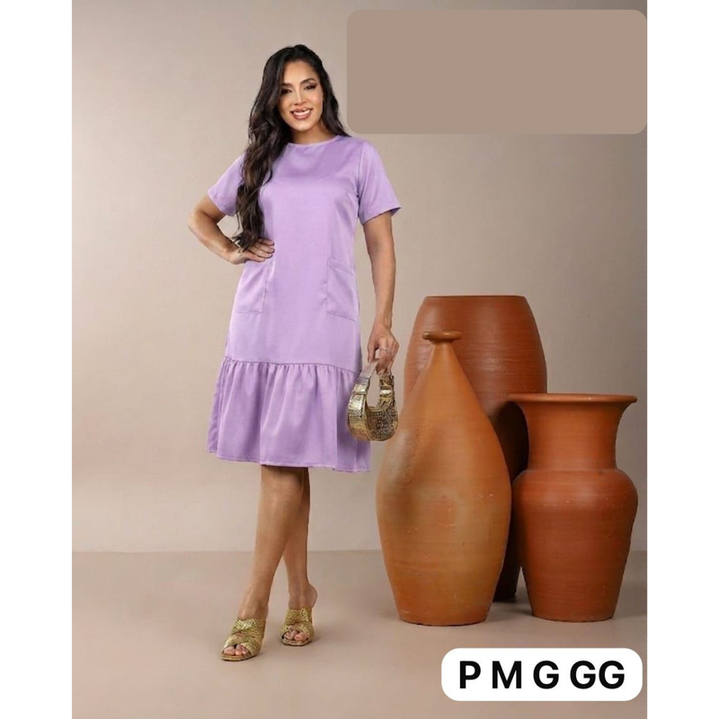 Vestido Feminino Midi Soltinho com Babado e Bolsos Casual Elegante