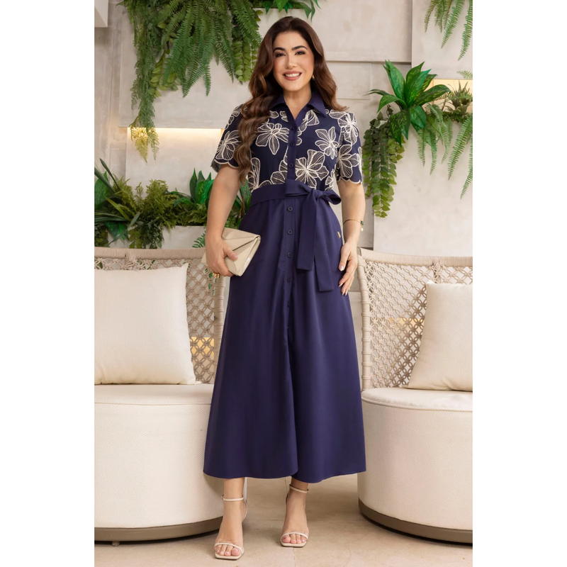 Vestido Chemise Alfaiataria com Bordado Cordonê e Bolsos Midi Elegante – AL014