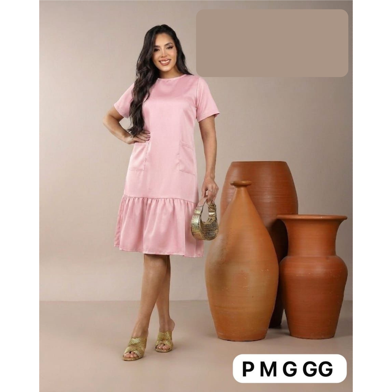Vestido Feminino Midi Soltinho com Babado e Bolsos Casual Elegante