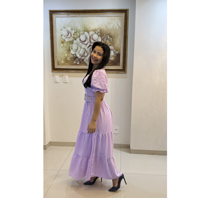 Vestido Midi Listrado Azul com Manga Bufante e Cinto Ajustável Safira – AL018