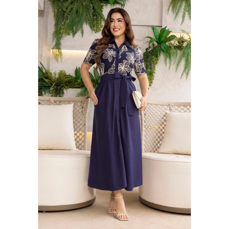 Vestido Chemise Alfaiataria com Bordado Cordonê e Bolsos Midi Elegante – AL014