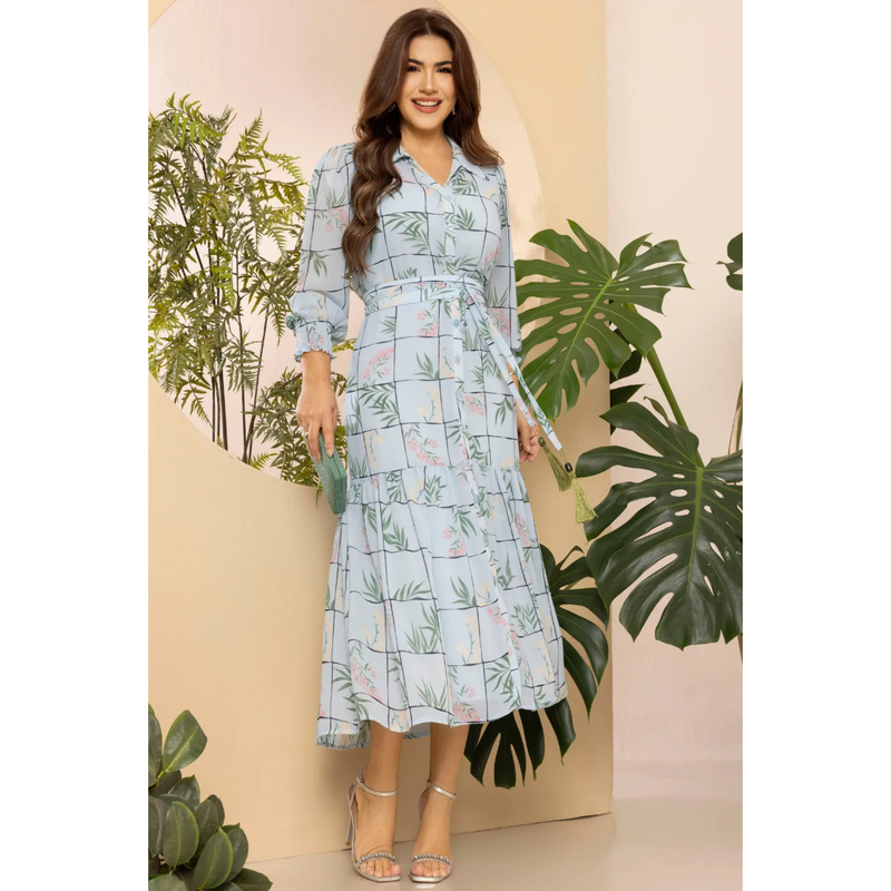 Vestido Chemise Musseline Crepe Estampado com Faixa na Cintura Midi
