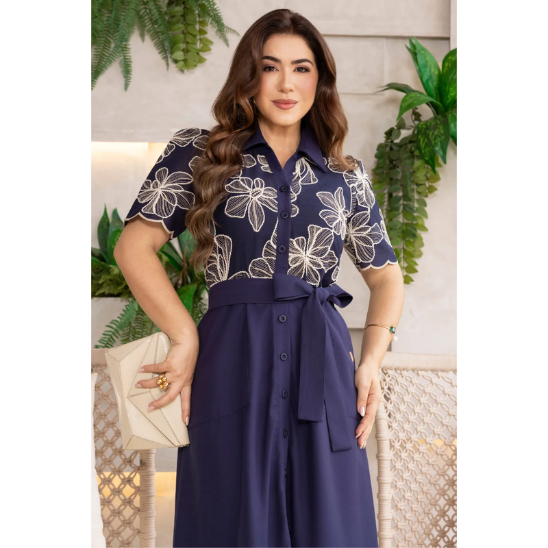 Vestido Chemise Alfaiataria com Bordado Cordonê e Bolsos Midi Elegante – AL014