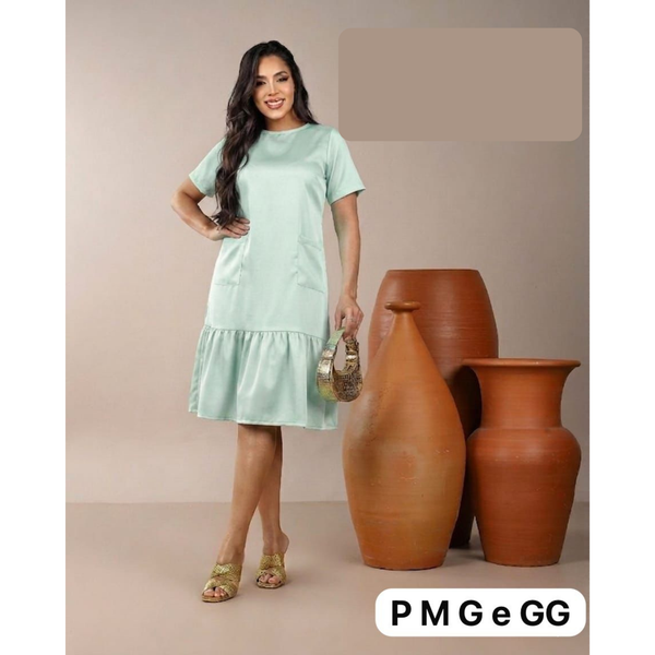 Vestido Feminino Midi Soltinho com Babado e Bolsos Casual Elegante