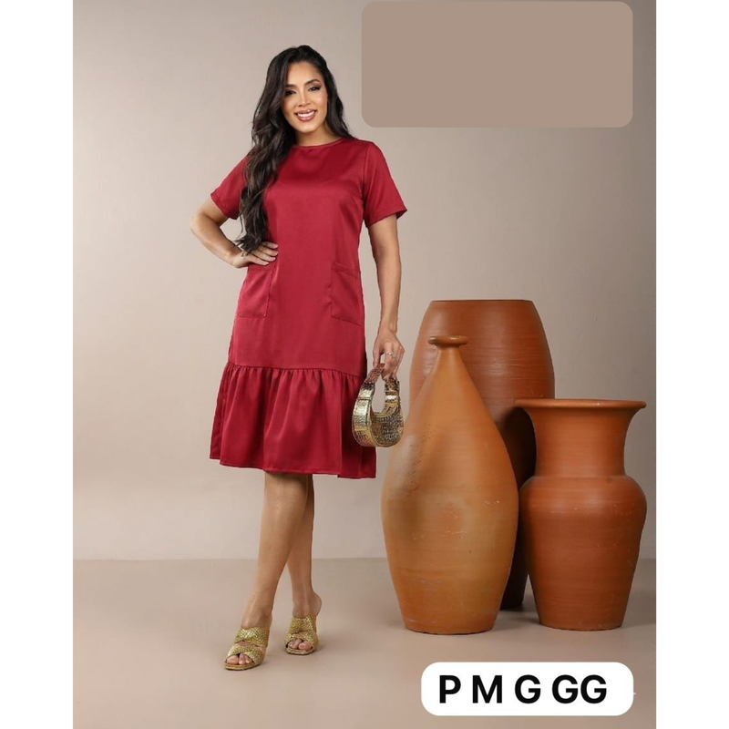 Vestido Feminino Midi Soltinho com Babado e Bolsos Casual Elegante