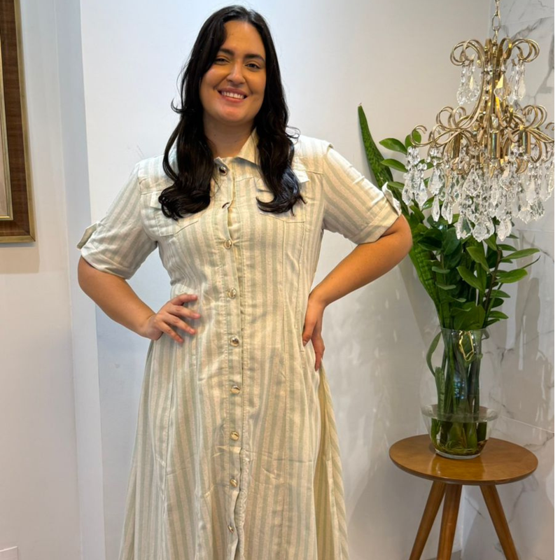 Vestido Midi Listrado Rosa Claro com Botões Frontais Feminino Elegante Casual - AL006