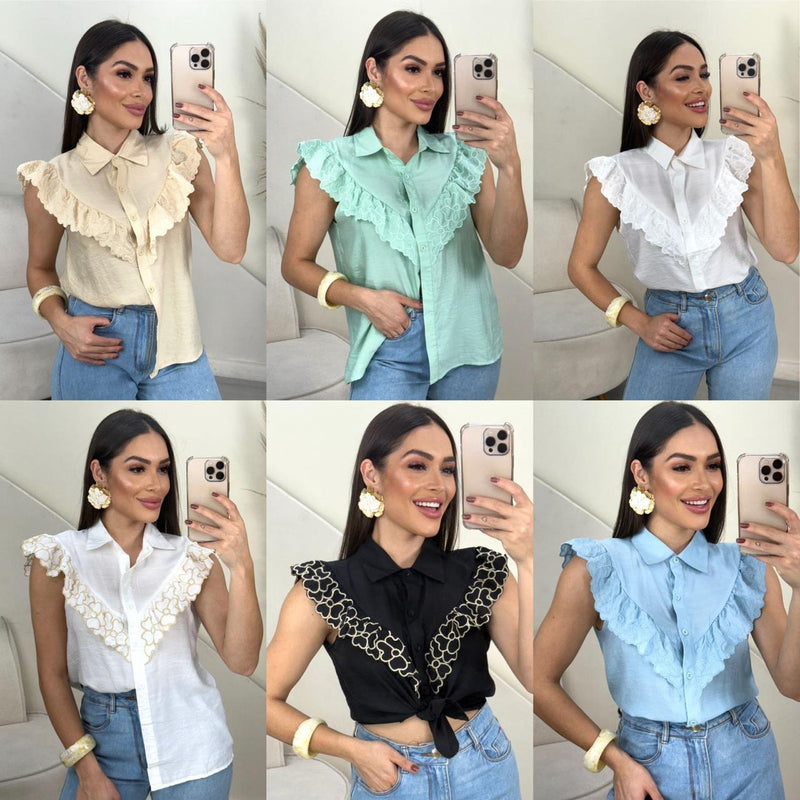 Blusa Feminina Branca com Renda Guipir e Babado Frontal Gola Alta – BL002