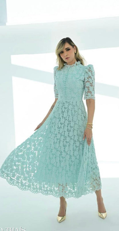 Vestido Feminino Longo em Renda Plissado Manga Bufante Elegante Festa