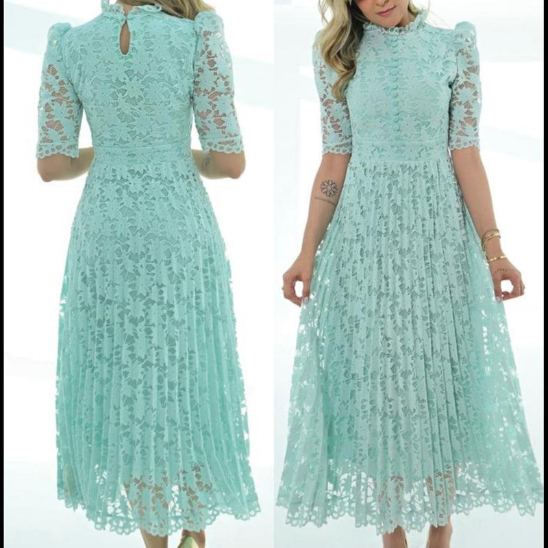 Vestido Feminino Longo em Renda Plissado Manga Bufante Elegante Festa