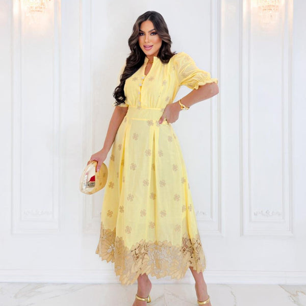 Vestido Midi Vermelho Bordado com Botões Frontais e Manga Curta Feminino Elegante AL008