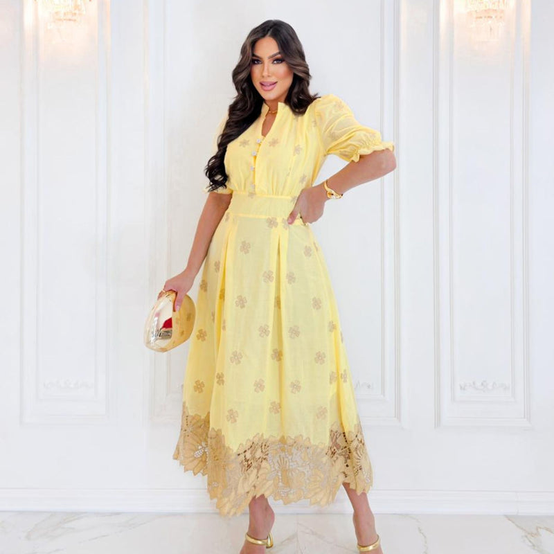 Vestido Midi Vermelho Bordado com Botões Frontais e Manga Curta Feminino Elegante AL008